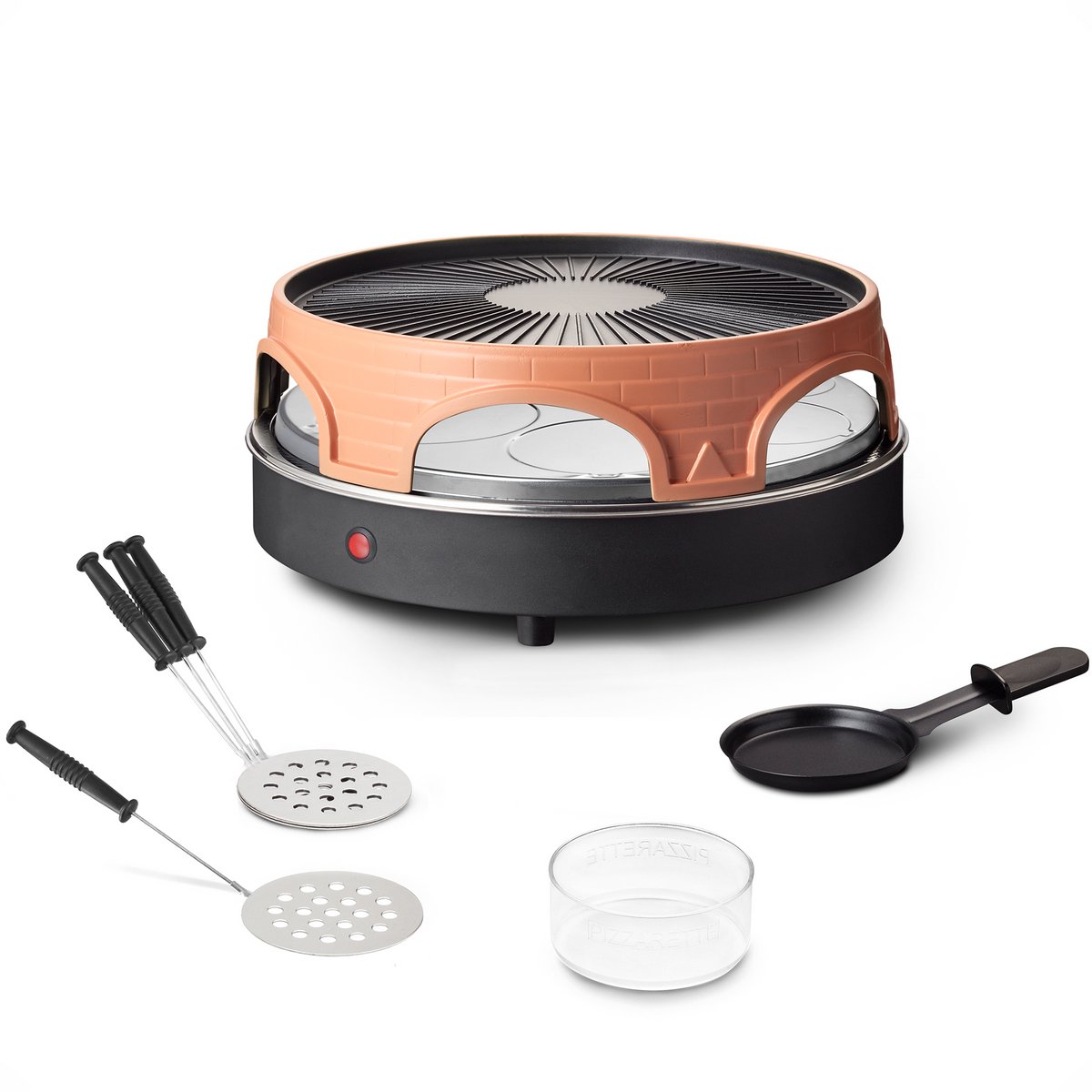 Emerio PO-113255.4 - Pizzarette 3-IN-1 - 6 Persoons - Pizzarette Zwitserse Raclette en Grill - Geïsoleerde bak spatels - 6 pannetjes