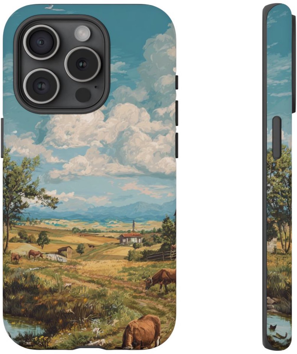 Landelijk Uitzicht met Boerderijdieren – Telefoonhoesje Geschikt voor iPhone 15 Pro