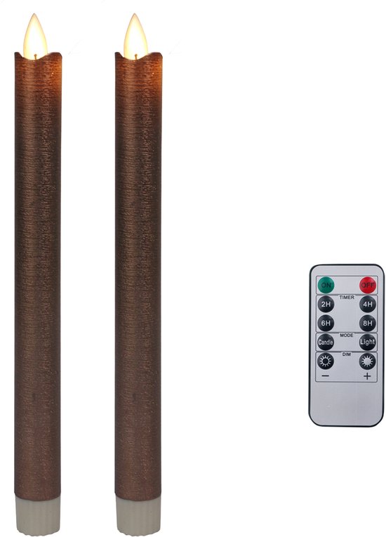 Foryouliving - LED kaarsen met bewegende vlam 2x - Brons - Bronze - Afstandsbediening - Dinerkaars rustiek wax 24.5 cm - LED kaars batterij - Timer