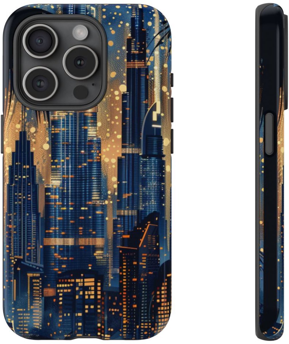 Stadssilhouet bij Nacht met Palmen – Telefoonhoesje Geschikt voor iPhone 15 Pro