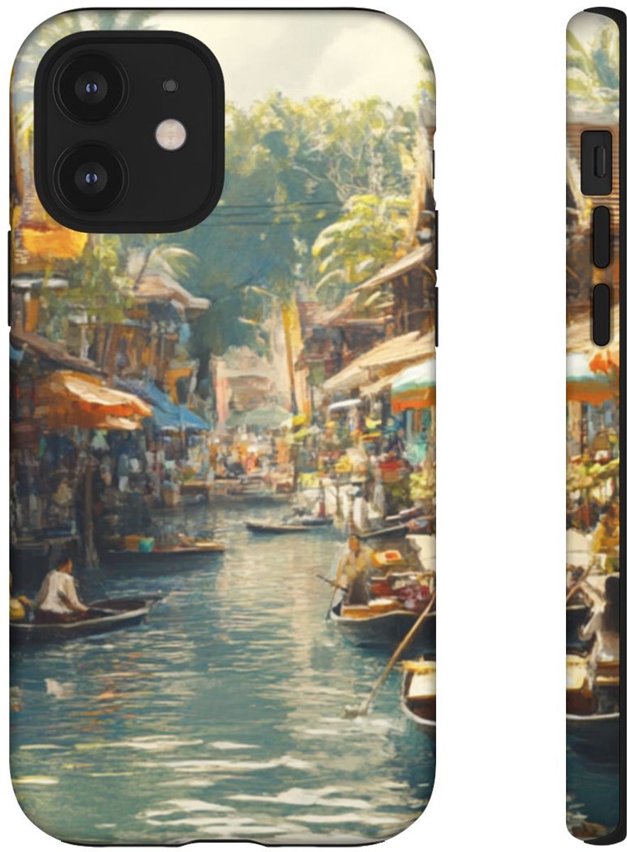 Levendige Watermarkt met Boten en Kraampjes – Telefoonhoesje Geschikt voor iPhone 12
