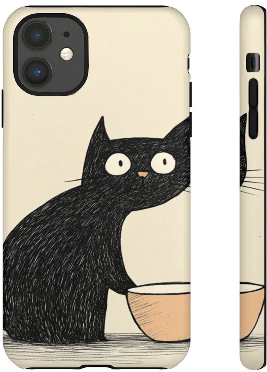 Zwarte Kat met Voerbak Illustratie – Telefoonhoesje Geschikt voor iPhone 11