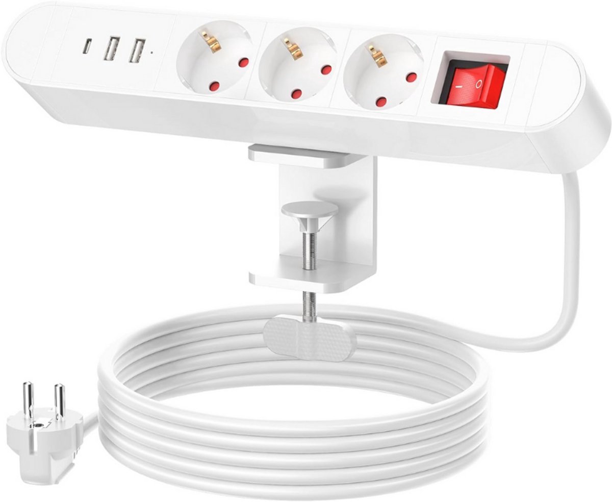 Thuys – Tafelstopcontact Met USB – 3 – Voudige Stekkerdoos – Bureau Met USB – C PD20W – 2m Kabel – 16 A/4000 W – Wit