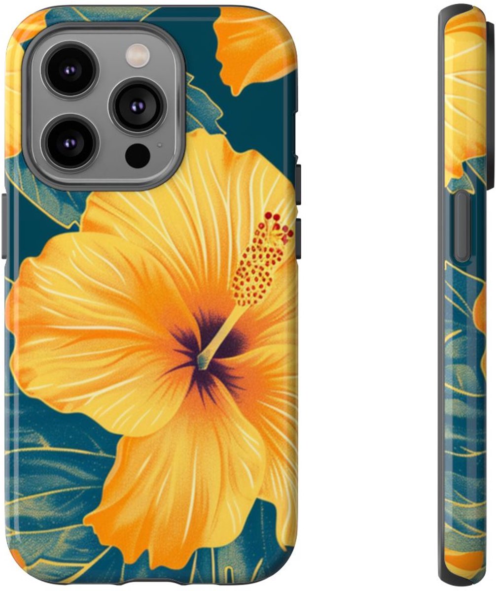 Gele Hibiscus Bloemenpatroon – Telefoonhoesje Geschikt voor iPhone 14 Pro