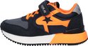 Blauwe Replay sneaker met oranje accenten, ster en klittenbandsluiting. "REPLAY" logo op de tong.