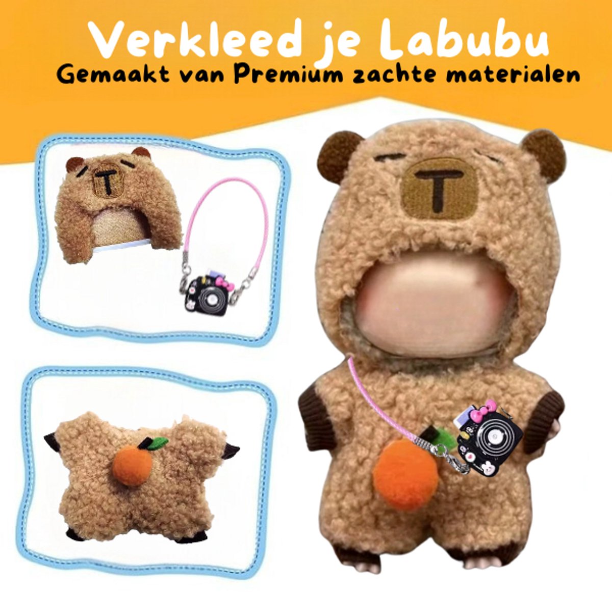Enluxe Bruine Capibara onesie kleding voor Labubu - Met mandarijn en fotocamera