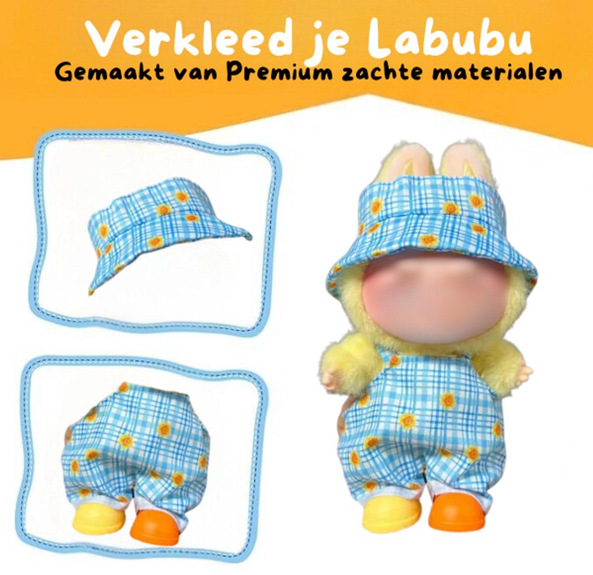 Babyblauw Vissershoedje en Overal Kleding – Met Roze Bloemetjes – Schattig & Cozy Outfit Accessoire Geschikt voor Labubu (Pop Niet Inbegrepen)