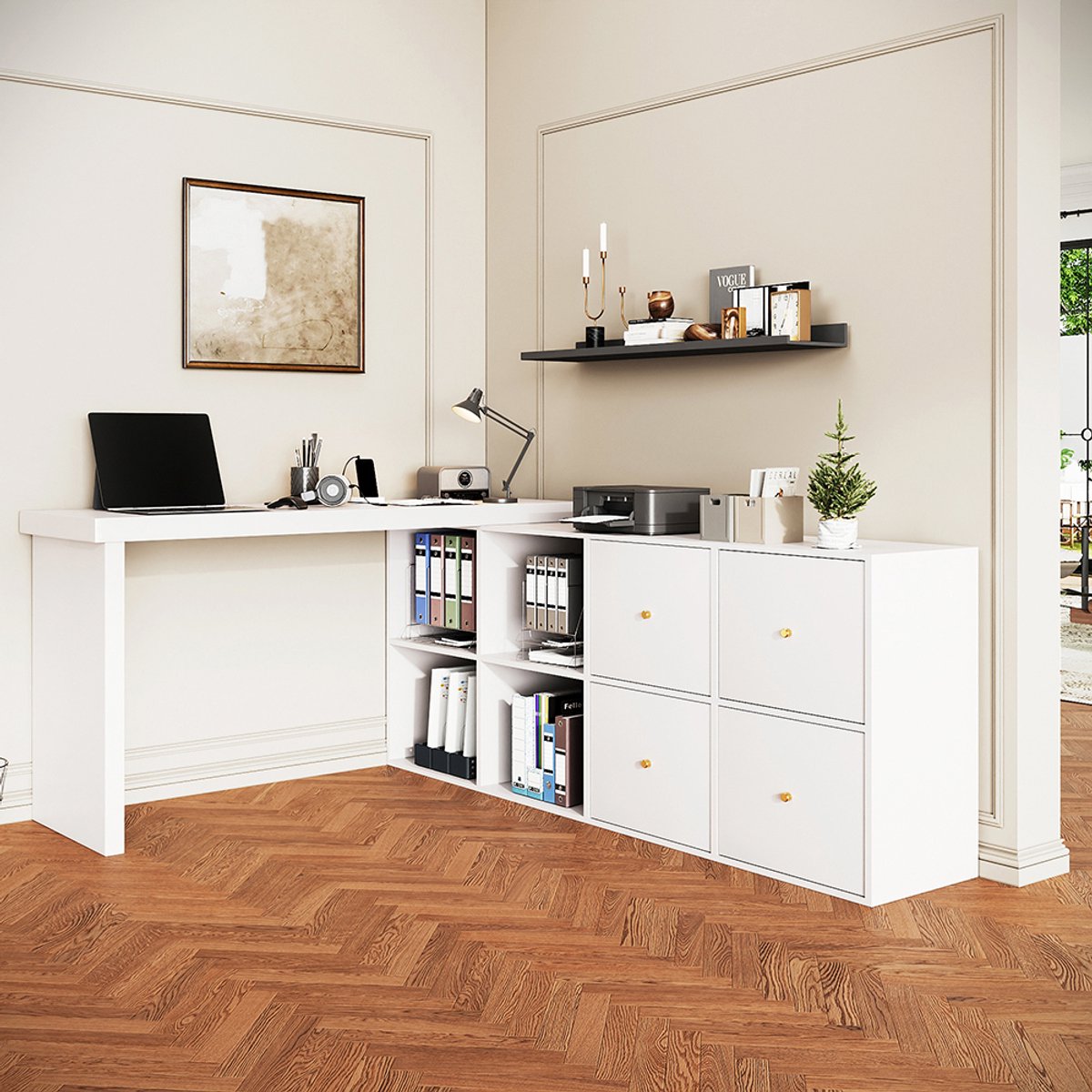 Pugsdrly Hoektafel, 360° draaibaar blad - kan in L-vorm of recht worden geplaatst, MDF, blad en poten 4 cm verstevigd, met 4 vakken, 4 laden, wit, flexibel te plaatsen, bureau, computertafel