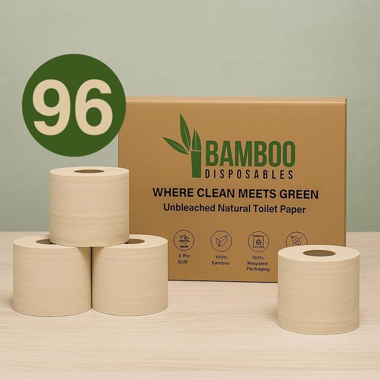 96 superrollen ongebleekt 2-laags bamboe toiletpapier – XXL voordeelverpakking