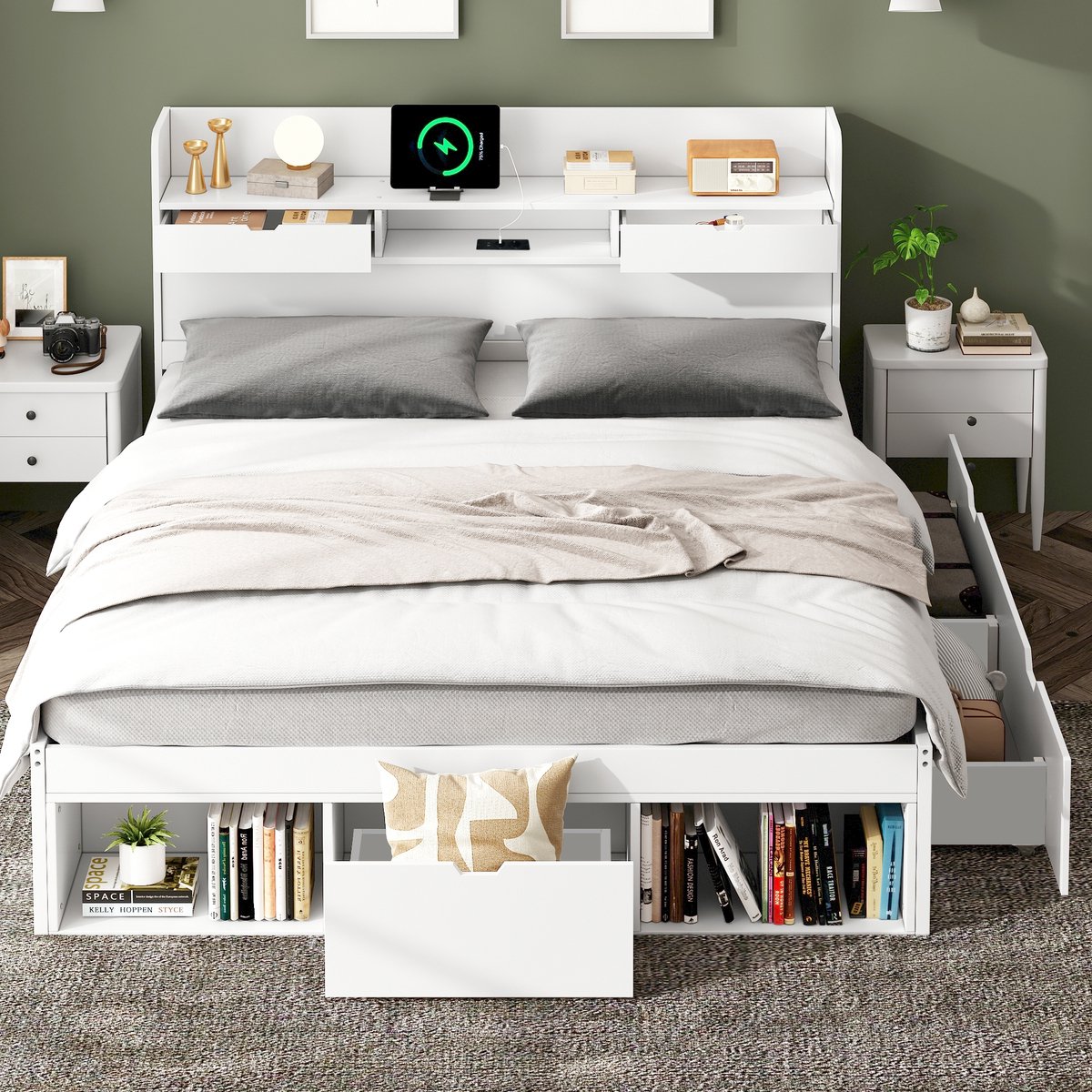 Tweepersoonsbed - 160x200 cm met USB-poort - lades en kluisje - jeugdbed - multifunctioneel bed - geen matras - wit