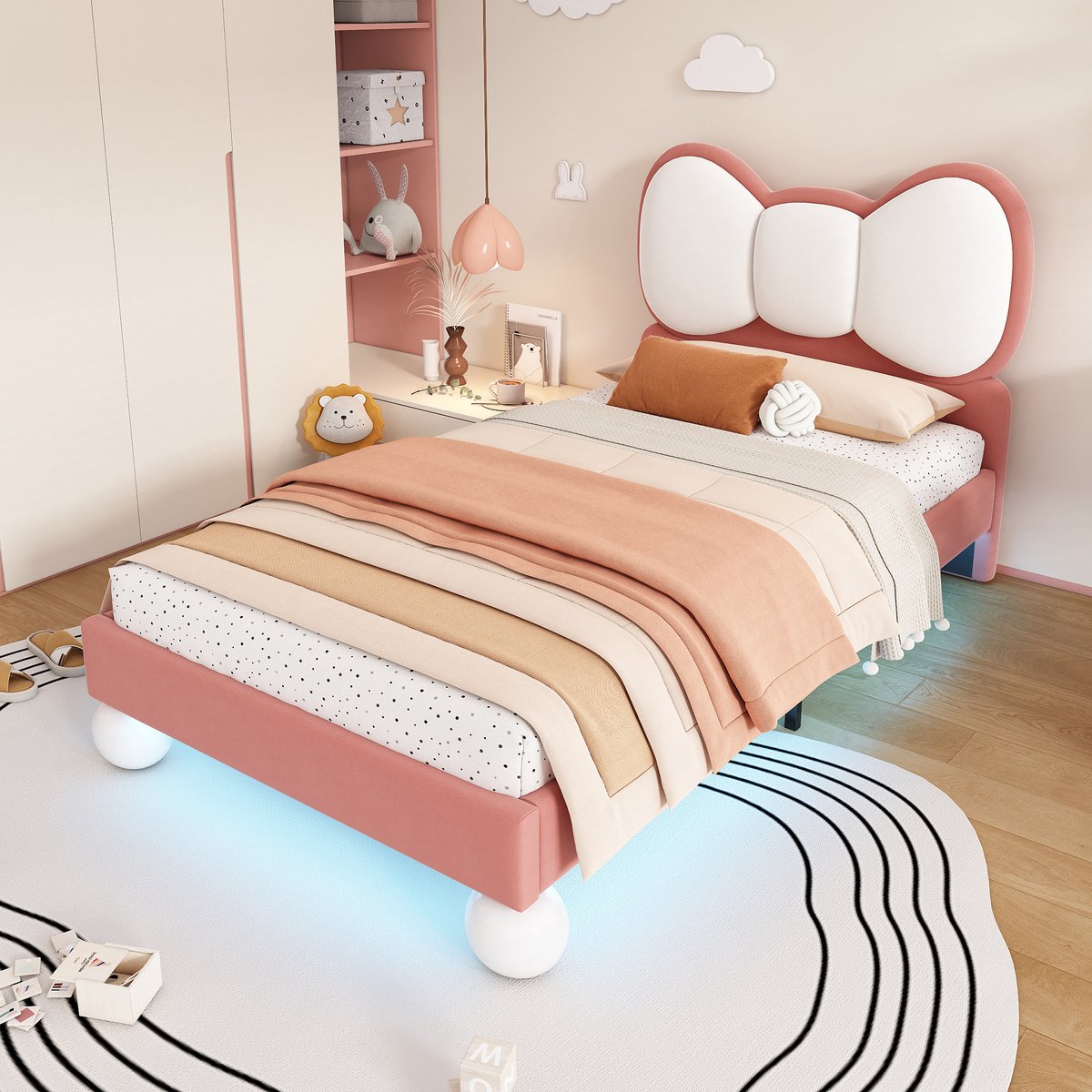 SINGULARITY Kinderbed - vlindervormig - LED-lichtstrip - fluweel - Beige + Roze - 90 x 200 cm - Zonder matras