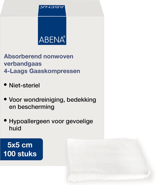 Abena absorberend nonwoven verbandgaas, 4-laags, niet-steriel, 5x5 cm, 100 stuks.