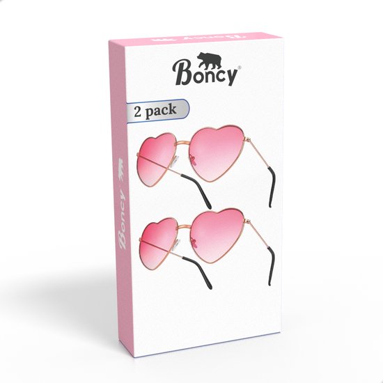 Boncy 2-pack roze hartvormige zonnebrillen op de verpakking, met gouden montuur.