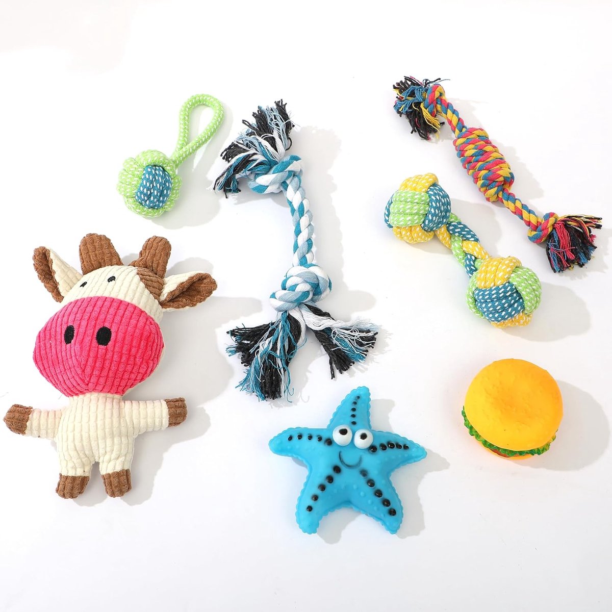 Funfy Puppy Speelgoed Set – 7-delige Hondenspeelgoed Set voor Kleine Puppies | Kauwspeeltjes voor Puppy’s met Touw, Bal, Ster, Burger & Piepende Speelgoed Hond | Onverwoestbaar Hondenspeelgoed