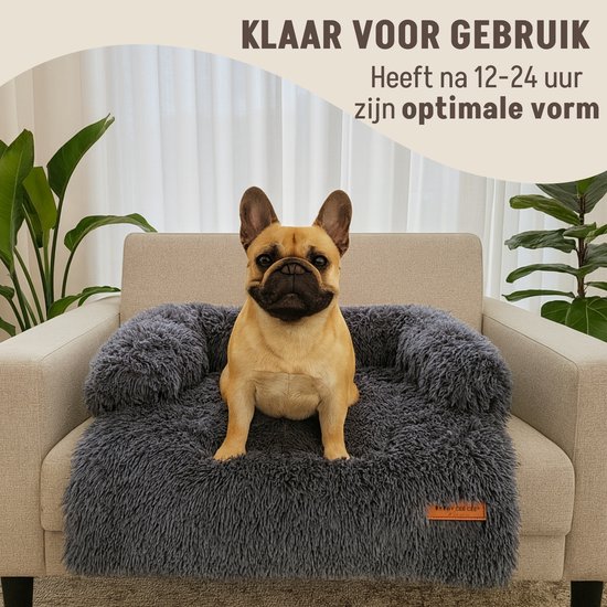 Franse bulldog zit op een donkergrijs, pluizig hondenkussen in een woonkamer.