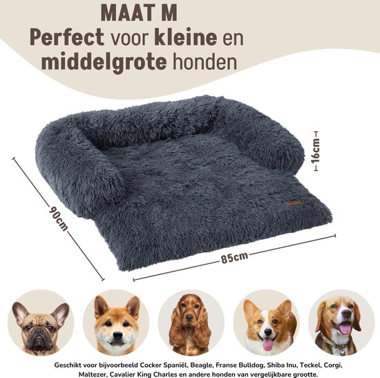 Maat M, 85x90cm hondenkussen, donkergrijs en pluizig, met illustraties van geschikte hondenrassen.