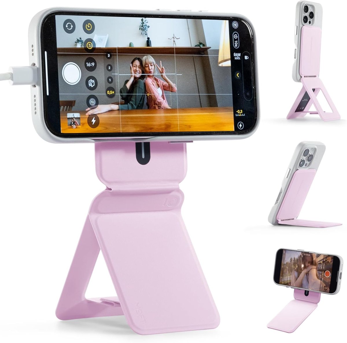 Sounix Magnetisch Telefoonstatief - Selfiestick Geschikt voor smartphone - Sterke magneten - Meerdere hoeken - Lichtgewicht - Veganistisch leer - Roze