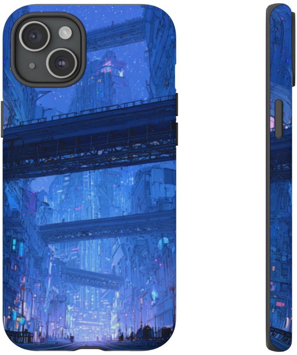 Futuristische Blauwe Stadsstraat – Telefoonhoesje Geschikt voor iPhone 15 Plus
