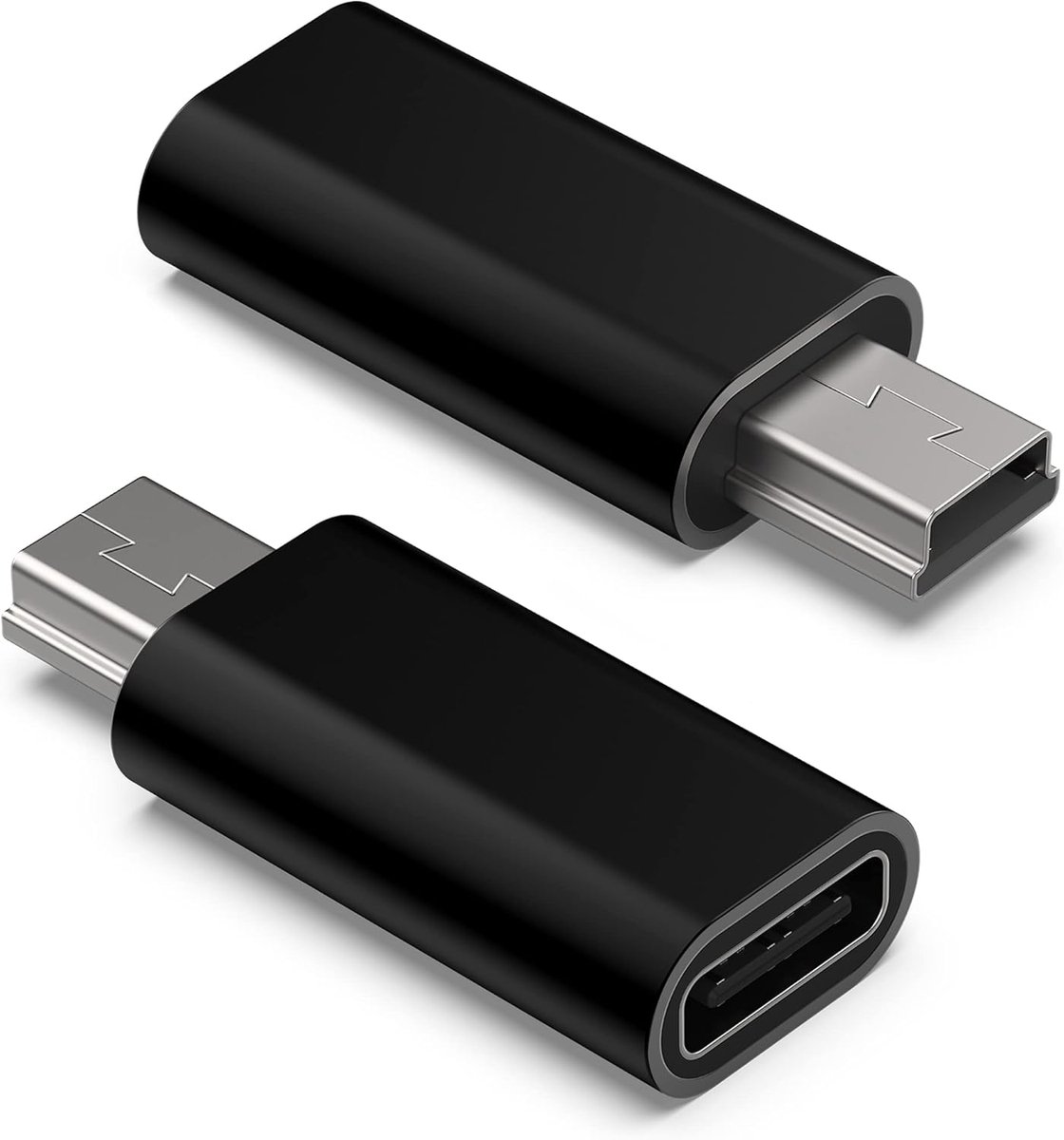 USB C naar Mini USB-adapter (Type C vrouwelijk naar Mini USB 2.0 mannelijk) – Converteer connector, ondersteunt opladen en gegevenssynchronisatie. Geschikt voor GoPro Hero 3+, dashcams, digitale camera's, ontvangers enz. (2-pack), zwart.