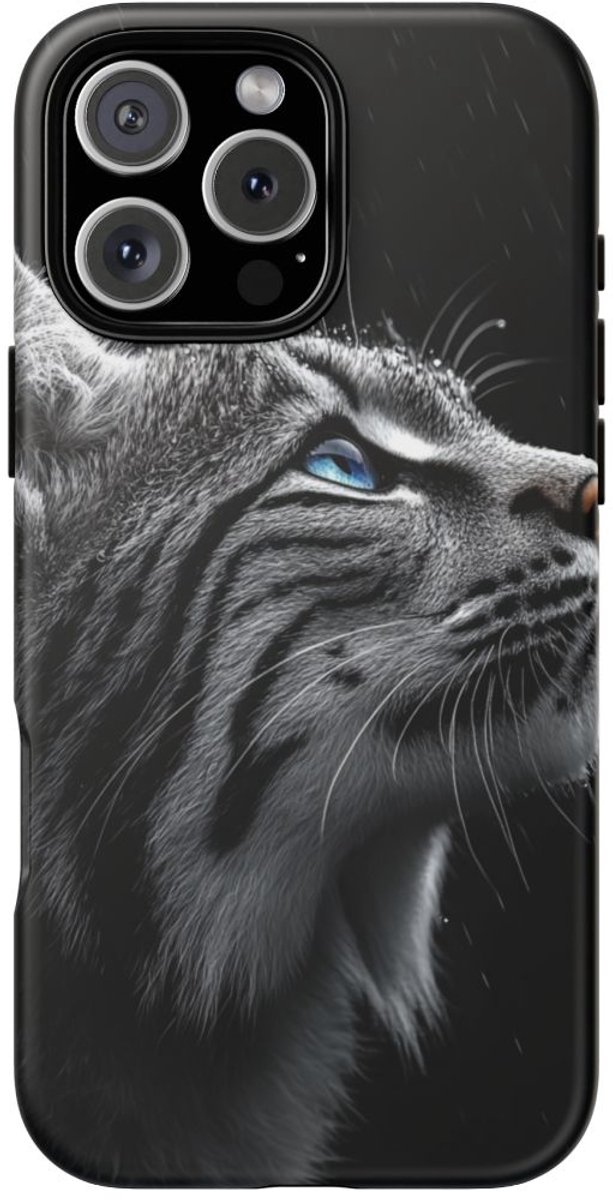 Zwart-Witte Lynx met Blauwe Ogen – Telefoonhoesje Geschikt voor 16 Pro Max