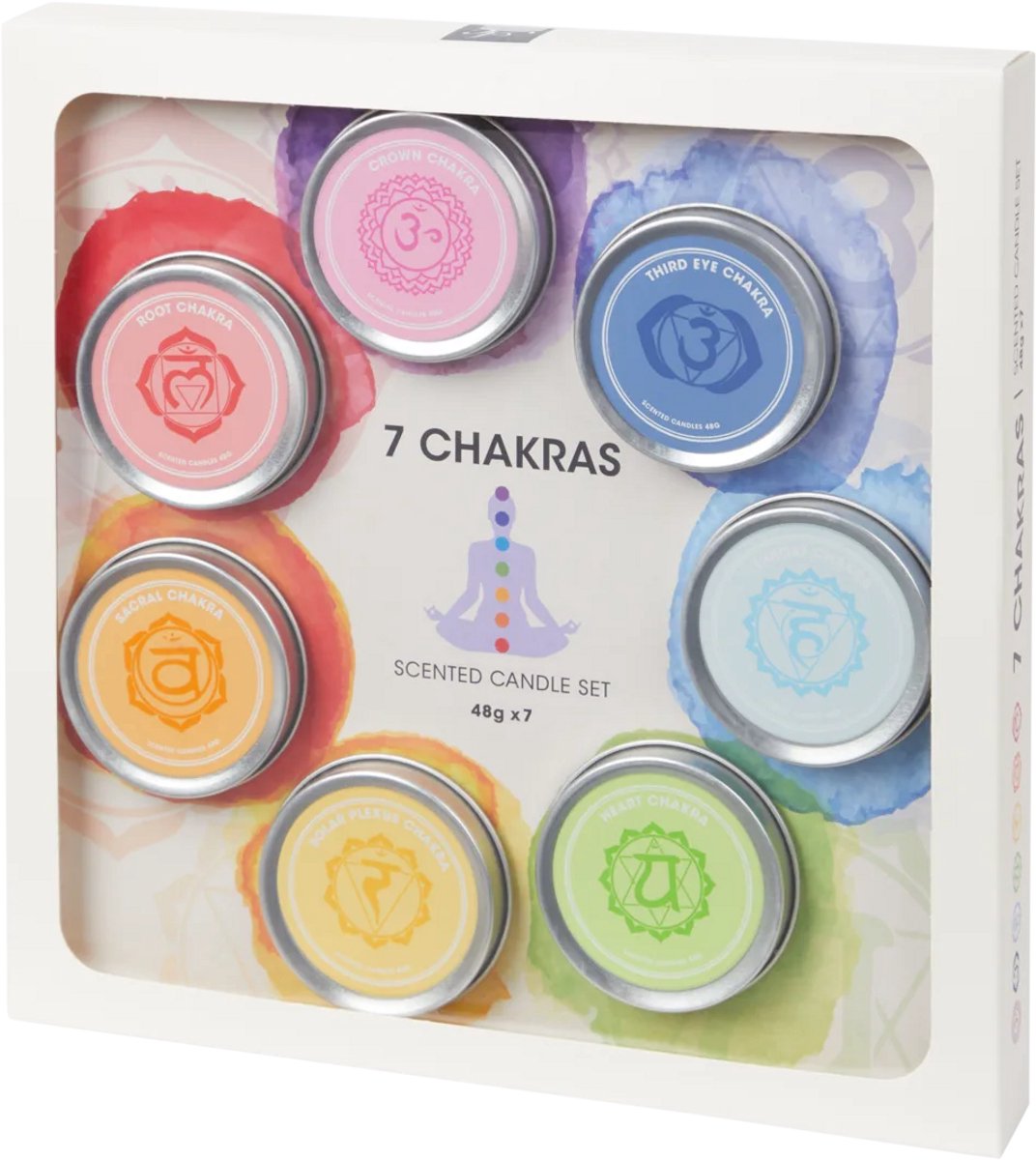 7 Chakra Geurkaarsen Set – 7 Stuks – In Blik Met Deksel – Inclusief Kaarshouder – Perfect Cadeau