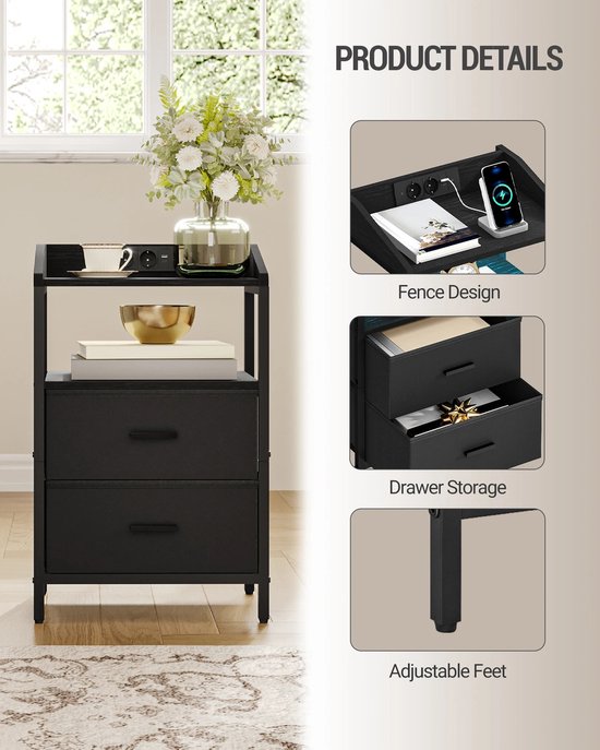 Table de chevet - Set de 2 - Avec Siècle des Lumières LED - Avec station de charge - Avec entrée USB - Avec prise de courant - Avec tiroir - Avec étagère - Zwart