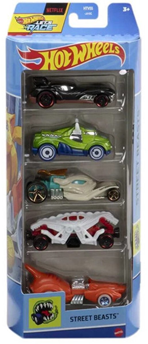 HOT WHEELS 5 CARS IN BOX HOWLIN HEAT, PURRFECT SPEED,TOMB UP, DOUBLE DEMON AND STEER CLEAR 1:64 HW STREET BEASTS (HTV55-JA10C)
