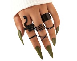 Gothic Stijl Ringen Set – 6-delig | Unisex Zwarte Slangenringen & Statement Ringen | Vintage Look | Perfect voor Alternatieve Mode, Gothic Fans & Cosplay | Unieke Accessoire voor Mannen & Vrouwen | Trendy & Betaalbaar | Cadeautip