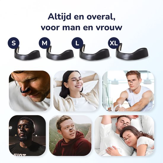 Maten S, M, L, XL van de neusstrips, getoond op mannen en vrouwen in verschillende situaties.