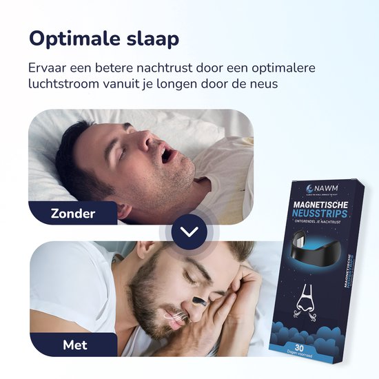 Man snurkt zonder neusstrip en slaapt met neusstrip. Verpakking met 30 dagen voorraad.