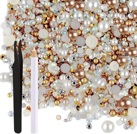 ASTARON 50 g mix platte strass steentjes halve parels voor ASTARON 50 g mix platte strass steentjes halve parels voor