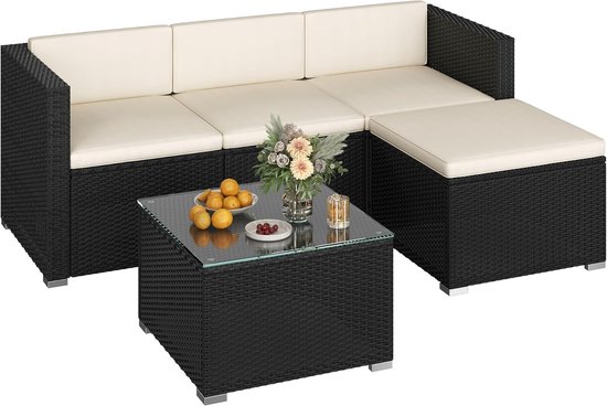 GIANTEX Set van 3 tuinmeubelen, rotan schommelstoelset met salontafel GIANTEX Set van 3 tuinmeubelen, rotan schommelstoelset met salontafel