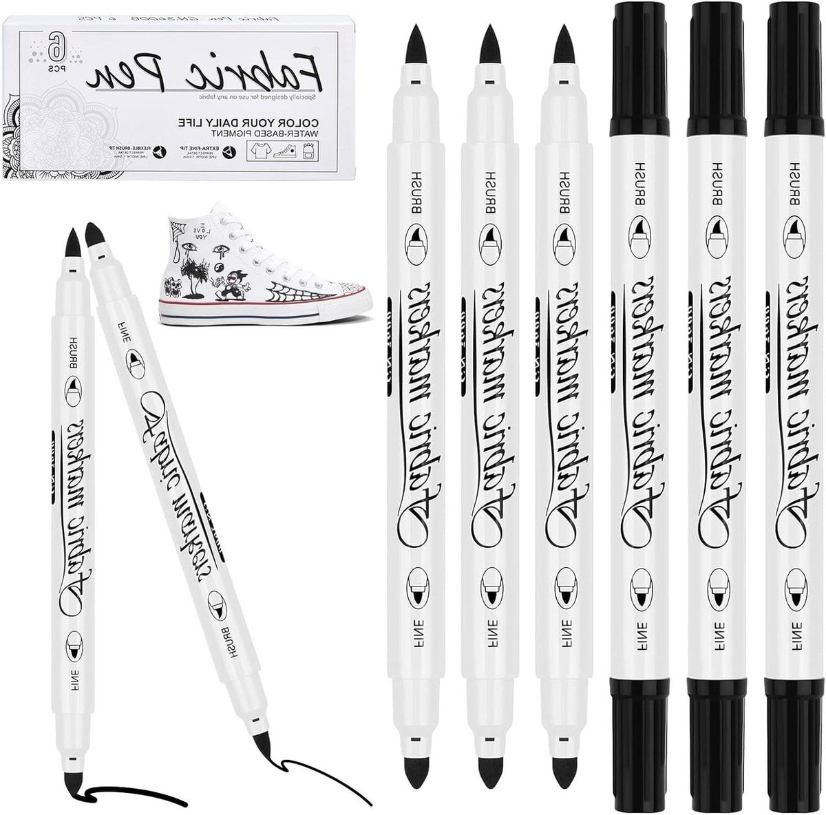 Allecto Plus - Textielmarkers Zwart 6 stuks: Wasmachinebestendige Textielstiften voor T-shirt Stoffen