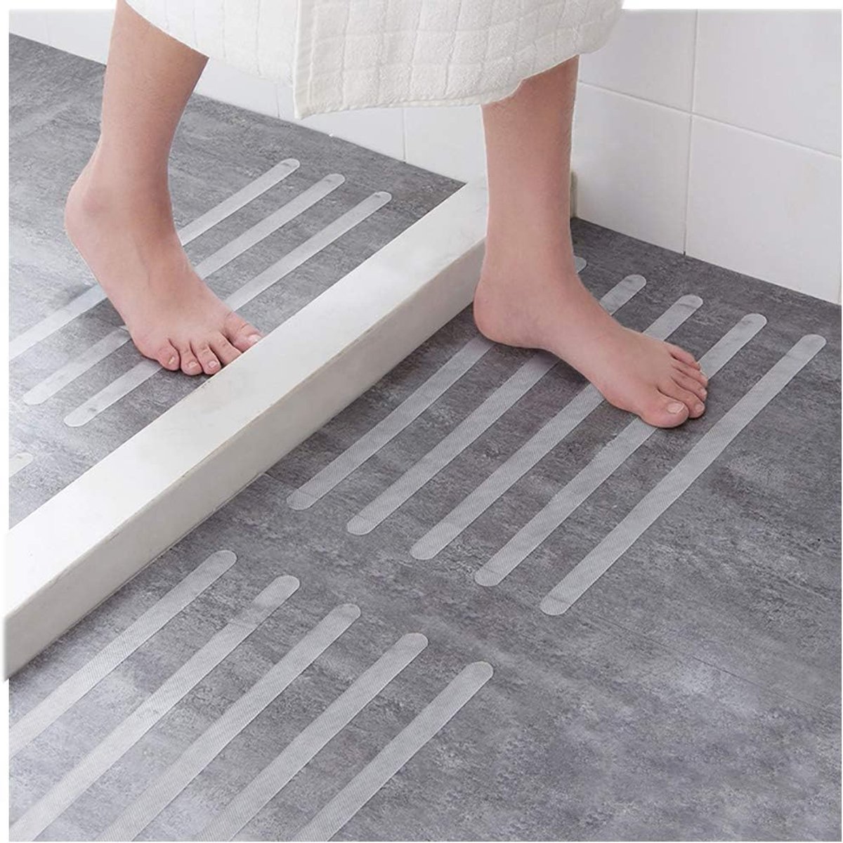 12 Stuks Anti-slip Strips voor trappen, douches en badkuipen - Zelfklevende Antislipbescherming - 38 cm lang - 2 cm breed - Transparant, plakstrips met positioneersjabloon