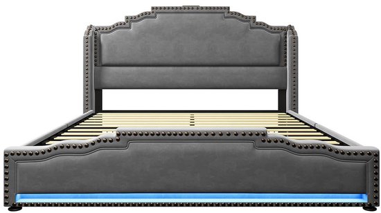Opbergbed 160x200 cm, gewatteerd bed met USB-oplaadpoorten en LED-verlichting, tweepersoonsbed voorzien van opbergruimte en een lattenbodem, PU, beige