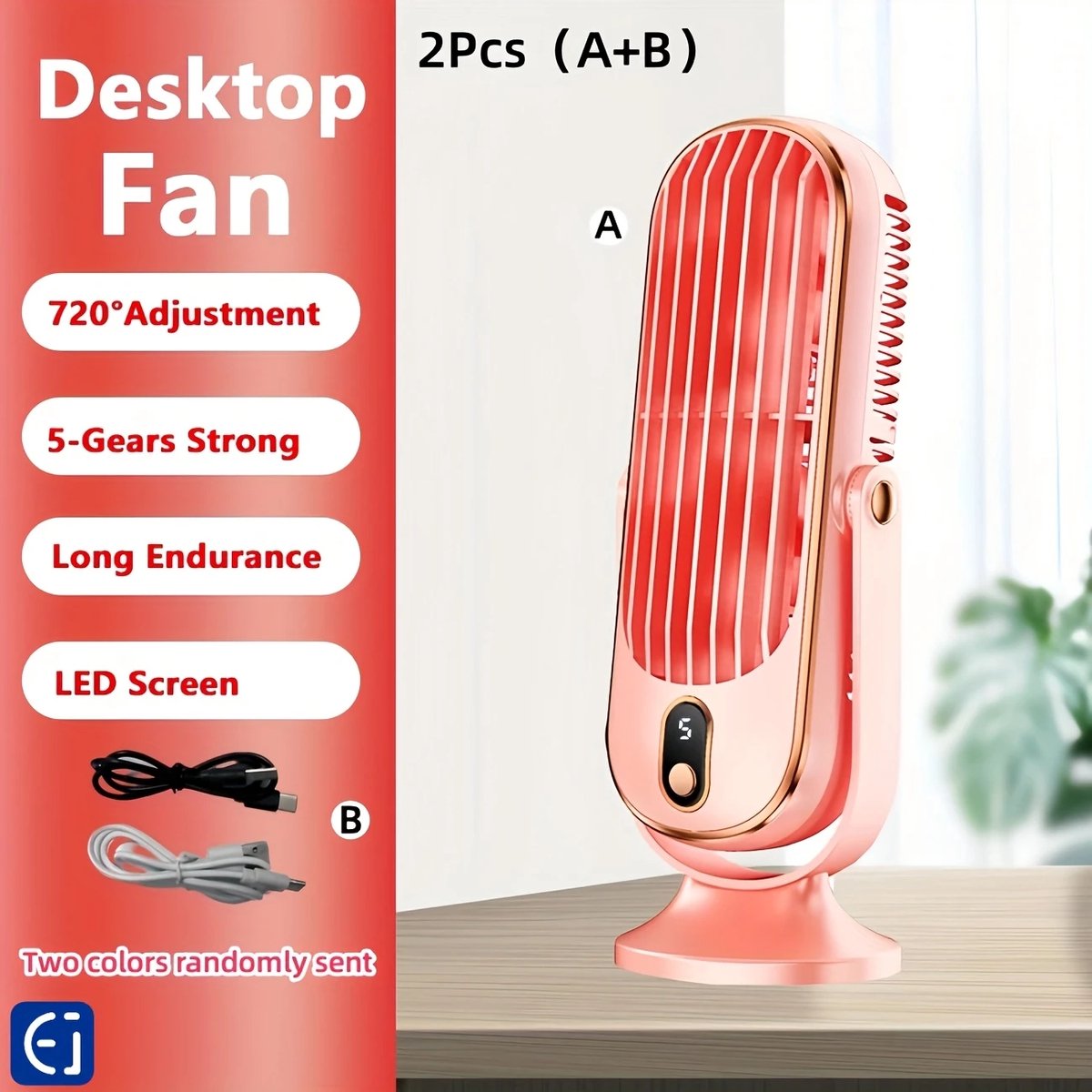 Krachtige Ventilator - Oplaadbare + 180graden Kantelbare Ventilator - 5Modi/Standen - Draagbare Hand + Tafel Ventilator - Voor de Ultieme Verkoeling + de Perfecte Reiseditie - Kleur: Roze thumbnail 2