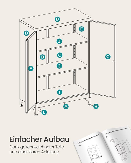 Montagetekening van een witte metalen kast met genummerde onderdelen.