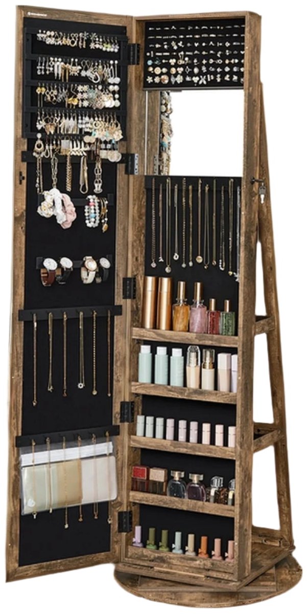 Sluitbare 360 ​​° roteerbare juwelenkast - spiegelkast - Ruime sieradenorganisator - 54 cm x 54 cm x 161 cm