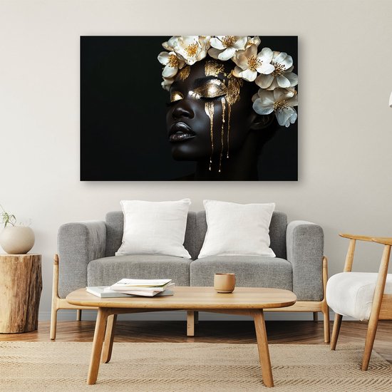 Femme à la peinture dorée et aux fleurs - Peintures sur verre élégantes - Peinture femme - Surréalisme - Peintures sur verre acrylique - Art mural - verre acrylique 105x70 cm