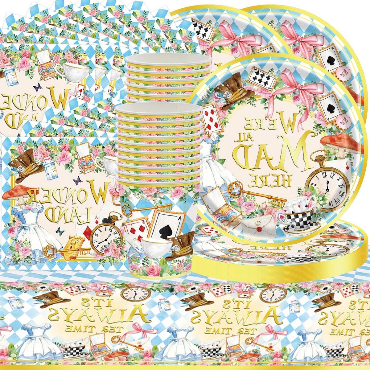 Alice servies set feestartikelen - Prinsessenfeest thema - 61-delig voor 20 personen