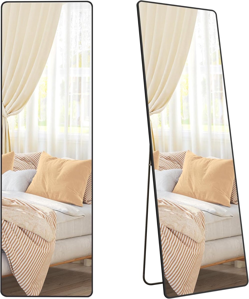 SONGMICS Volledige lengte spiegel 160 × 50 cm, rechthoekig staand spiegel met aluminium frame, gehard glas, voor slaapkamer/woonkamer/garderobe, inktzwart, LFM030B01