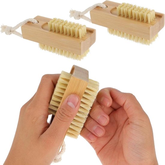 Allecto Plus - Houten nagelborstels (2 stuks) voor vingernagel reiniging - Dubbelzijdige handborstels met ophangkoord - Nagelreinigingsborstel voor manicure en pedicure - Vingernagelborstel met zachte haren