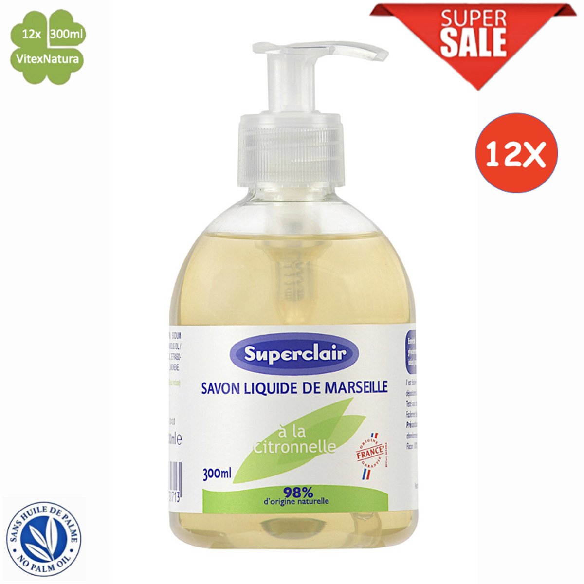 Marseille vloeibare zeep 12x300ml | Verrijkt met essentiële olie van citroengras en glycerine | Superclair