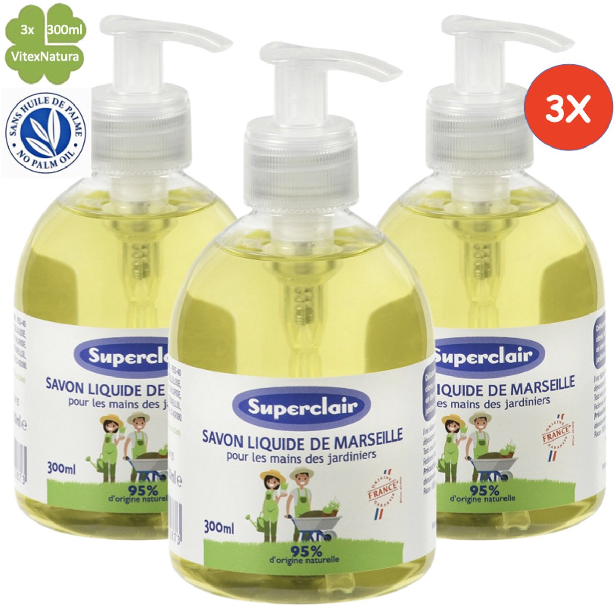 Vloeibare Marseillezeep voor de handen van tuiniers 3x300ml | verrijkt met essentiële citroenolie | Superclair