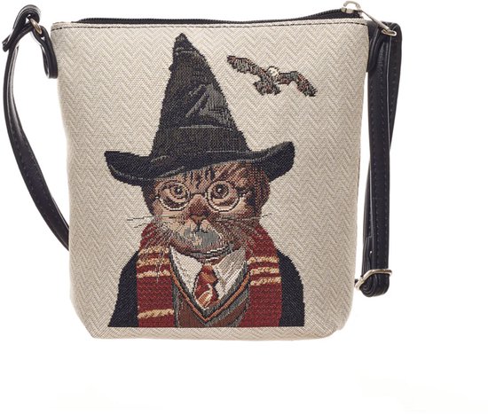 Canvas schoudertasje met een afbeelding van een kat in tovenaarshatt en sjaal.