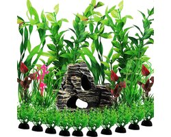 Aquarium accessoires - 20 stuks groene decoratieset voor aquarium, inclusief planten en grotrotsdecoratie