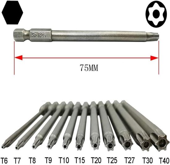 8 stuks Torx schroevendraaierset, bithouder met Oxford gereedschapstas, 100 mm lange bits Torx T8-T40 1/4 magnetische zeskantige schacht elektrische torx-bits