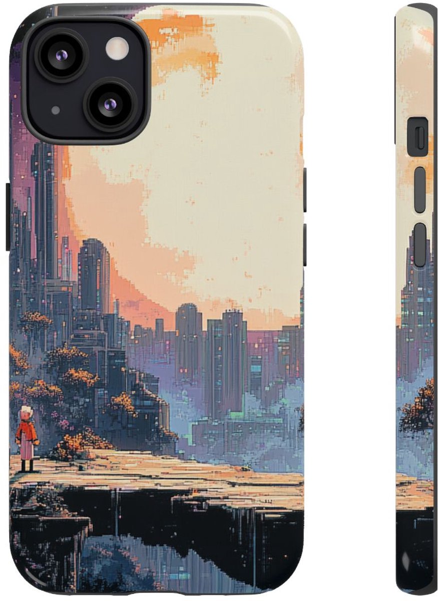 Pixel Art Stadsgezicht met Grote Maan – Telefoonhoesje Geschikt voor iPhone 13