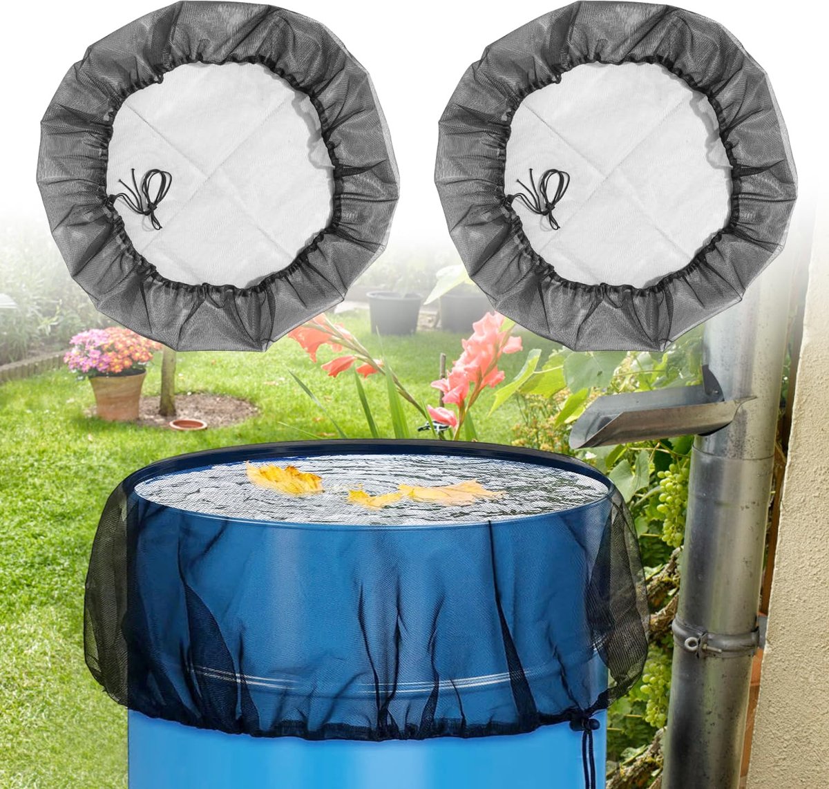 Ibenzoa® Verstelbaar Beschermingsnet voor Regentonnen - Set van 2 Stuks, 95 cm, Bescherming tegen Bladeren en Insecten
