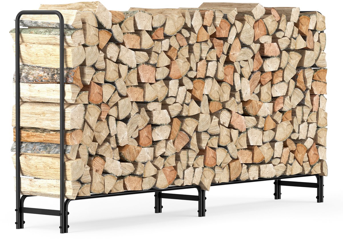 unho Brandhoutrek voor buiten - 233×35×118 cm - Brandhoutrek - Houten rek voor binnen en buiten - Brandhoutrek voor veranda, tuin, terras, binnenplaats, brandhoutopslag - Staal - Zwart
